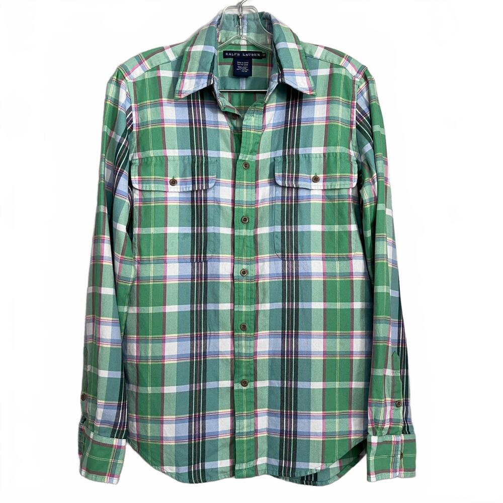 Ralph Lauren Plaid Button Down Shirt Blue Label Women’s 10 (M) Green 100% Cotton